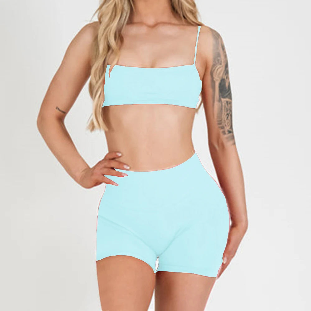 Bright Teal thin-strap bra and high-waist matching active shorts set