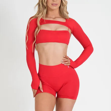 Red thin-strap sports bra, long-sleeve cover top and matching active shorts