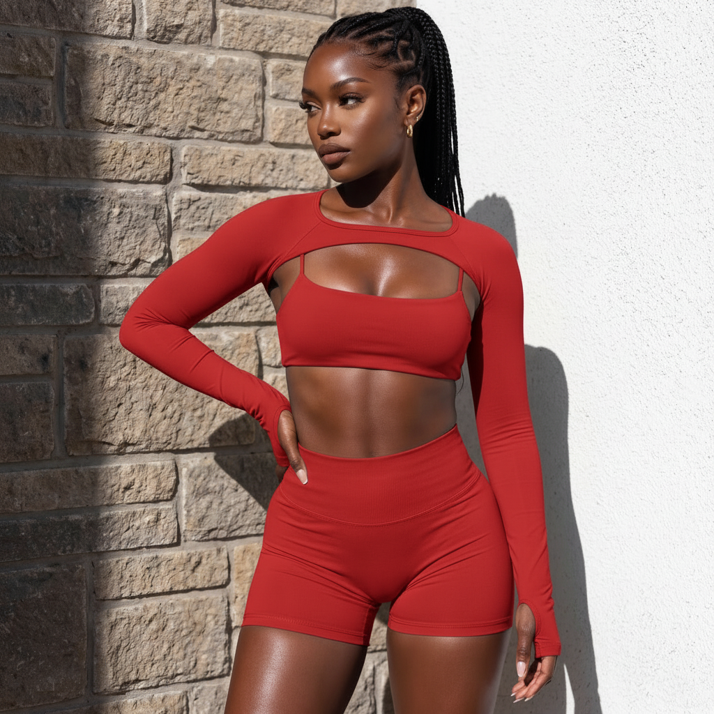 Conjunto 3 piezas rojo: sujetador con tirantes finos, top de manga larga y short a juego