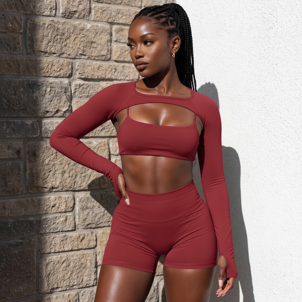 Conjunto 3 piezas rojo vino: sujetador con tirantes finos, top de manga larga y short a juego