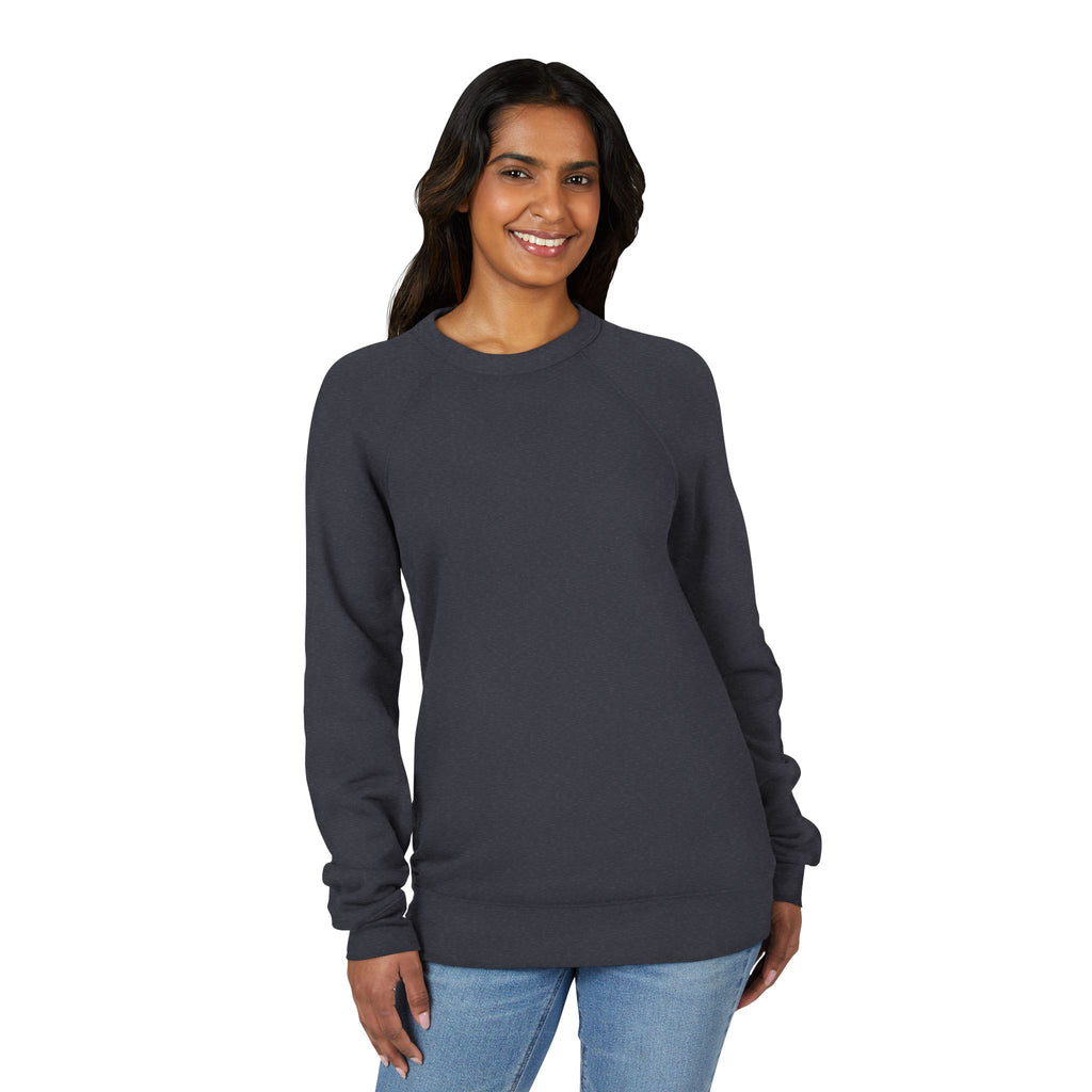 Warm fleece sweatshirt, dark crewneck, long raglan sleeves; no visible front graphic
