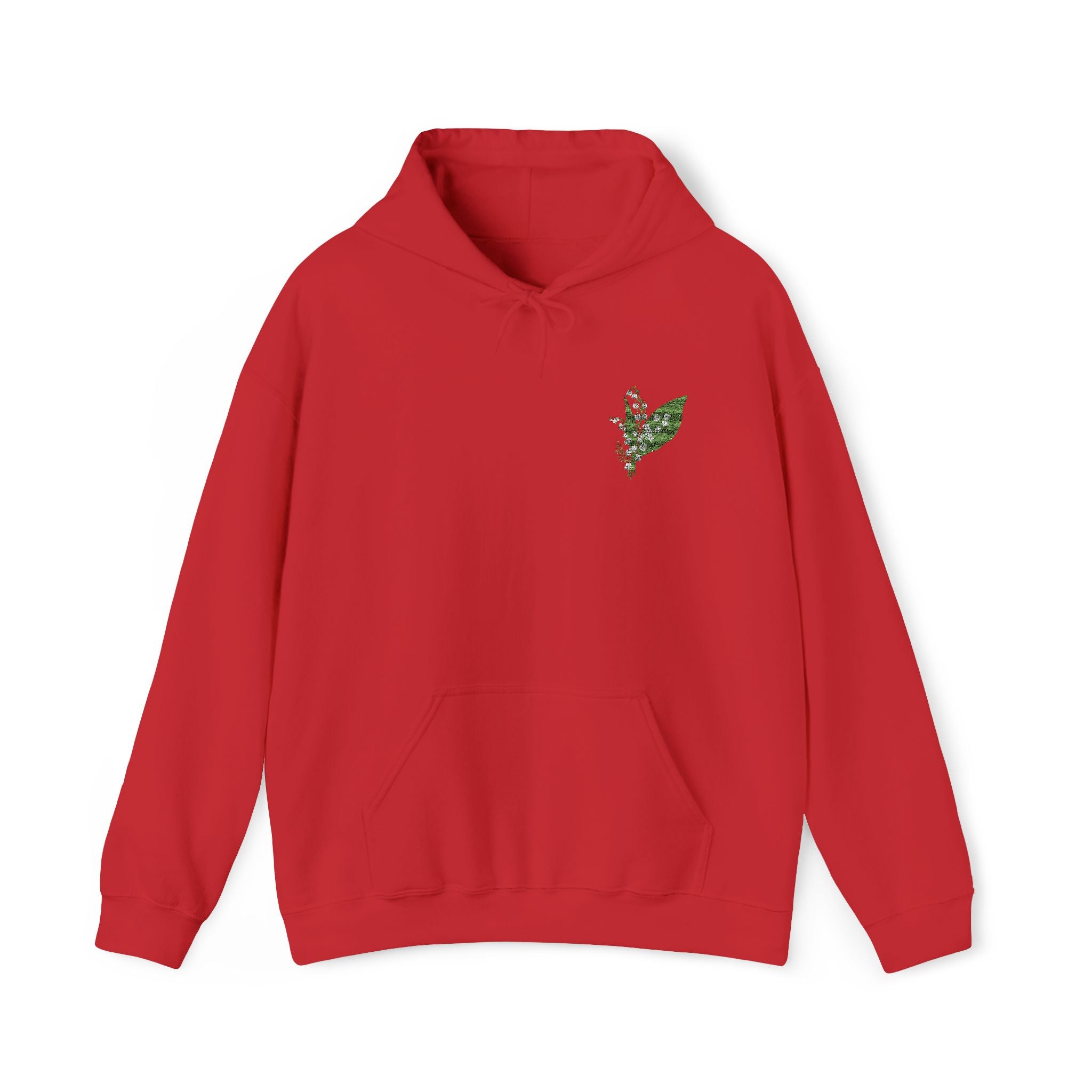 Red hoodie with green leaf embroidery on left chest, front pocket and hood