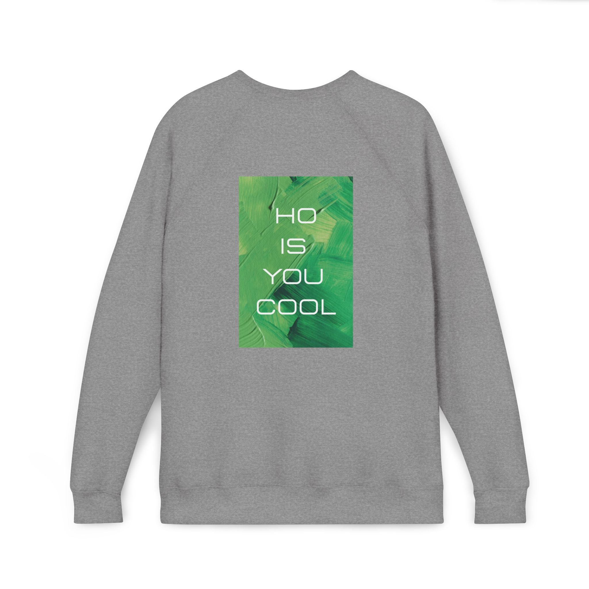 Silver grey sweatshirt back view with green “Ho is you cool” graphic