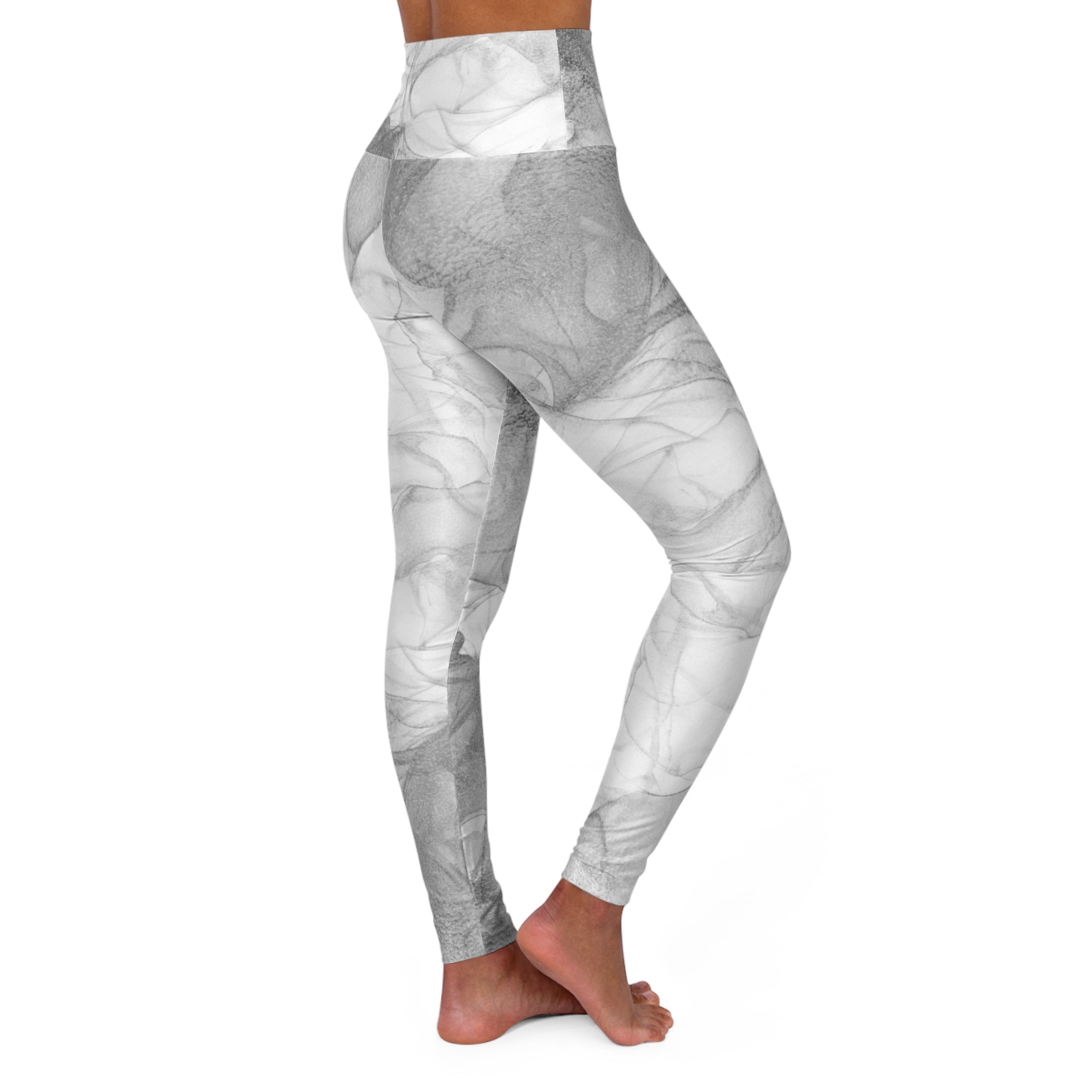 High-waist yoga leggings with gray marble all-over print, side view to ankle