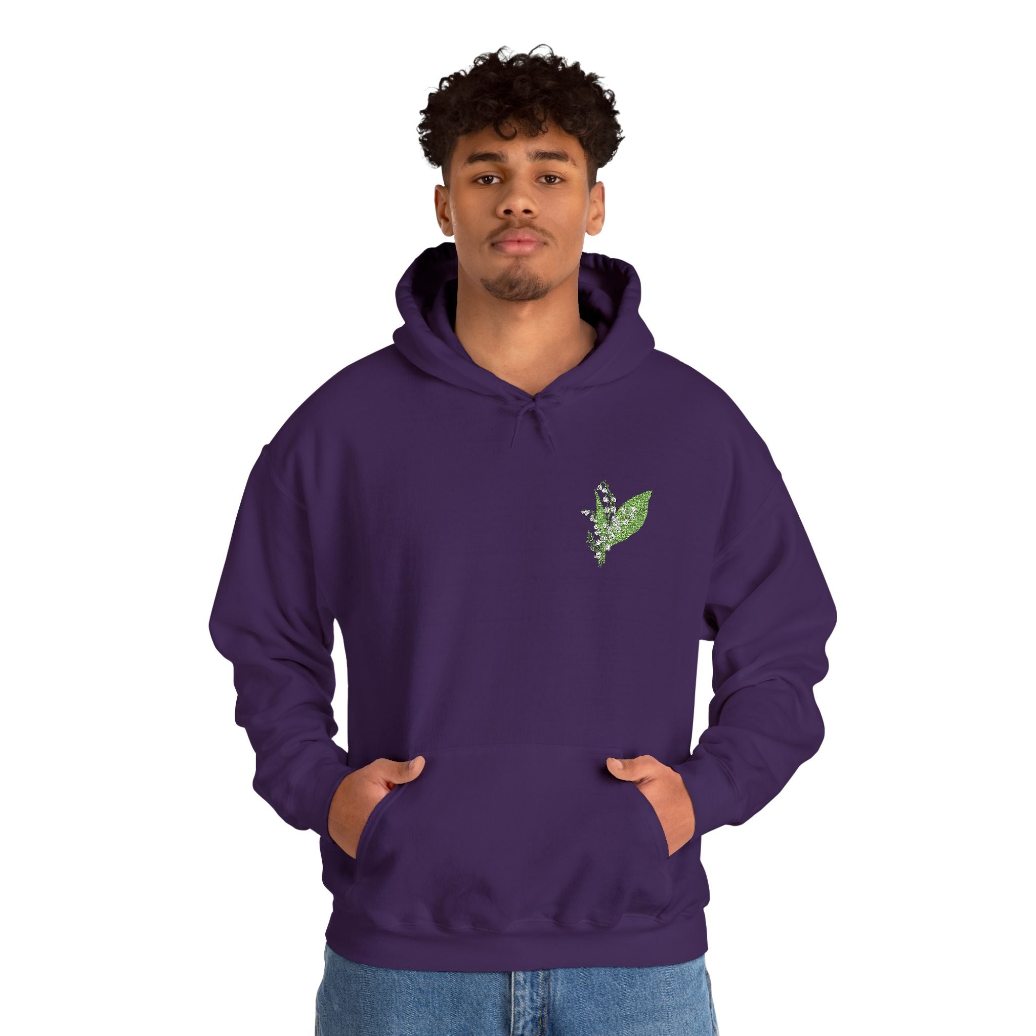 Purple hoodie with small green leaf embroidery on chest, drawstring hood and pouch pocket