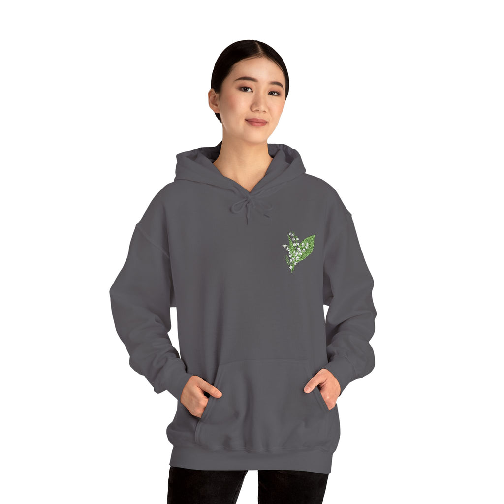Charcoal hoodie with green leaf embroidery on left chest, front pocket and hood