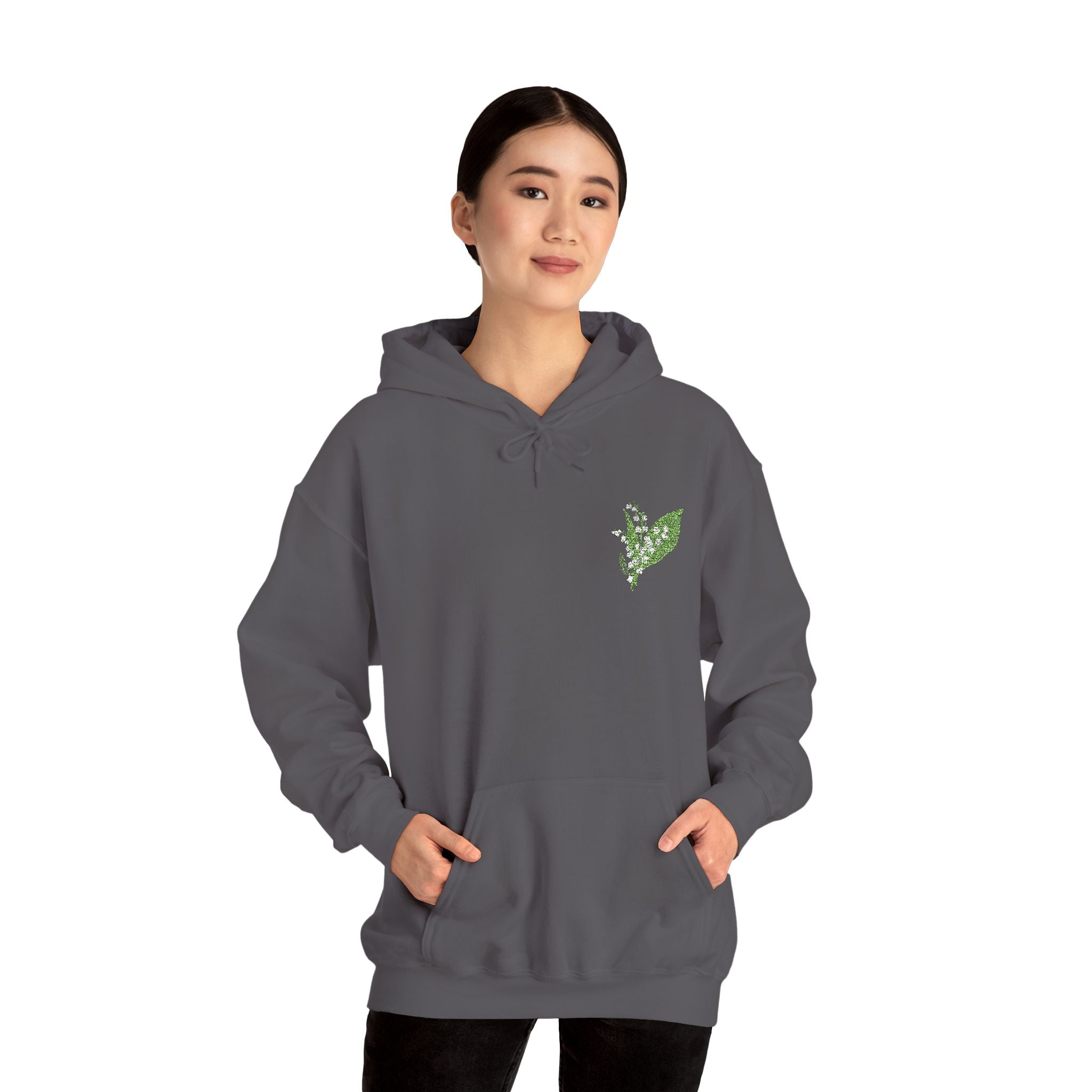 Charcoal hoodie with green leaf embroidery on left chest, front pocket and hood
