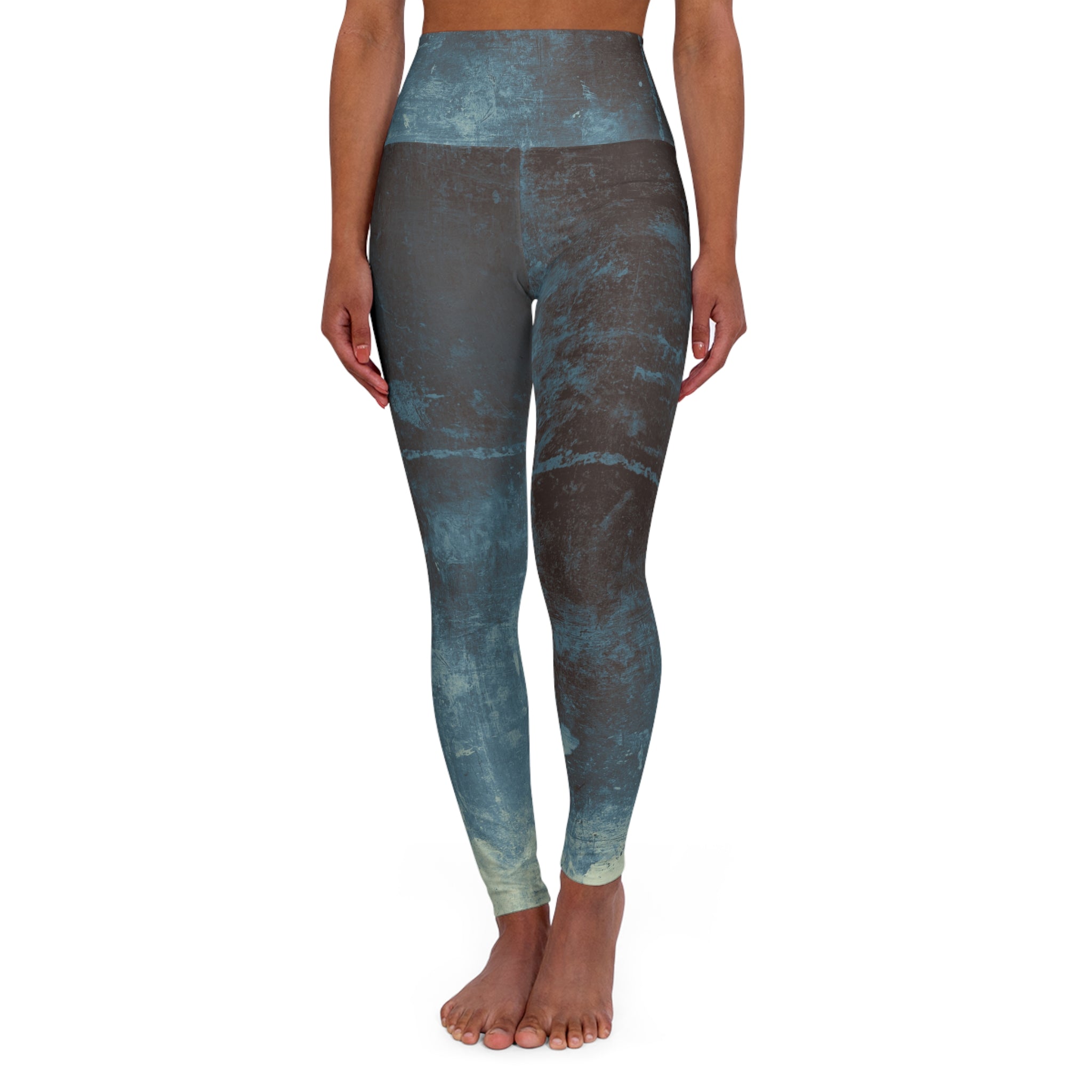 High-waisted yoga leggings in blue-green tie-dye allover print, full length