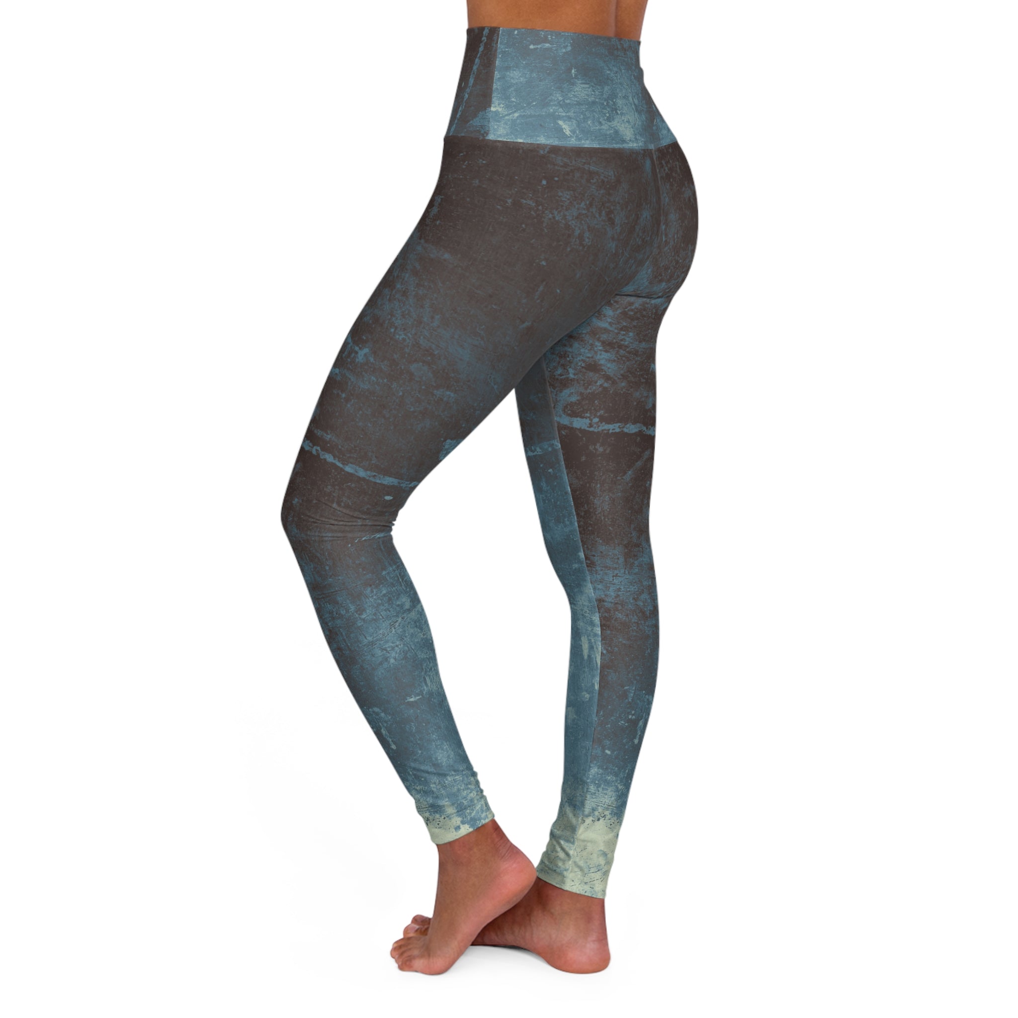 Blue-green tie-dye allover print yoga leggings, side view, high-waisted fit