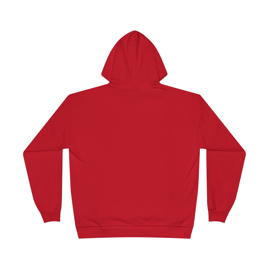 Red fleece-lined pullover hoodie, back view with hood and long sleeves