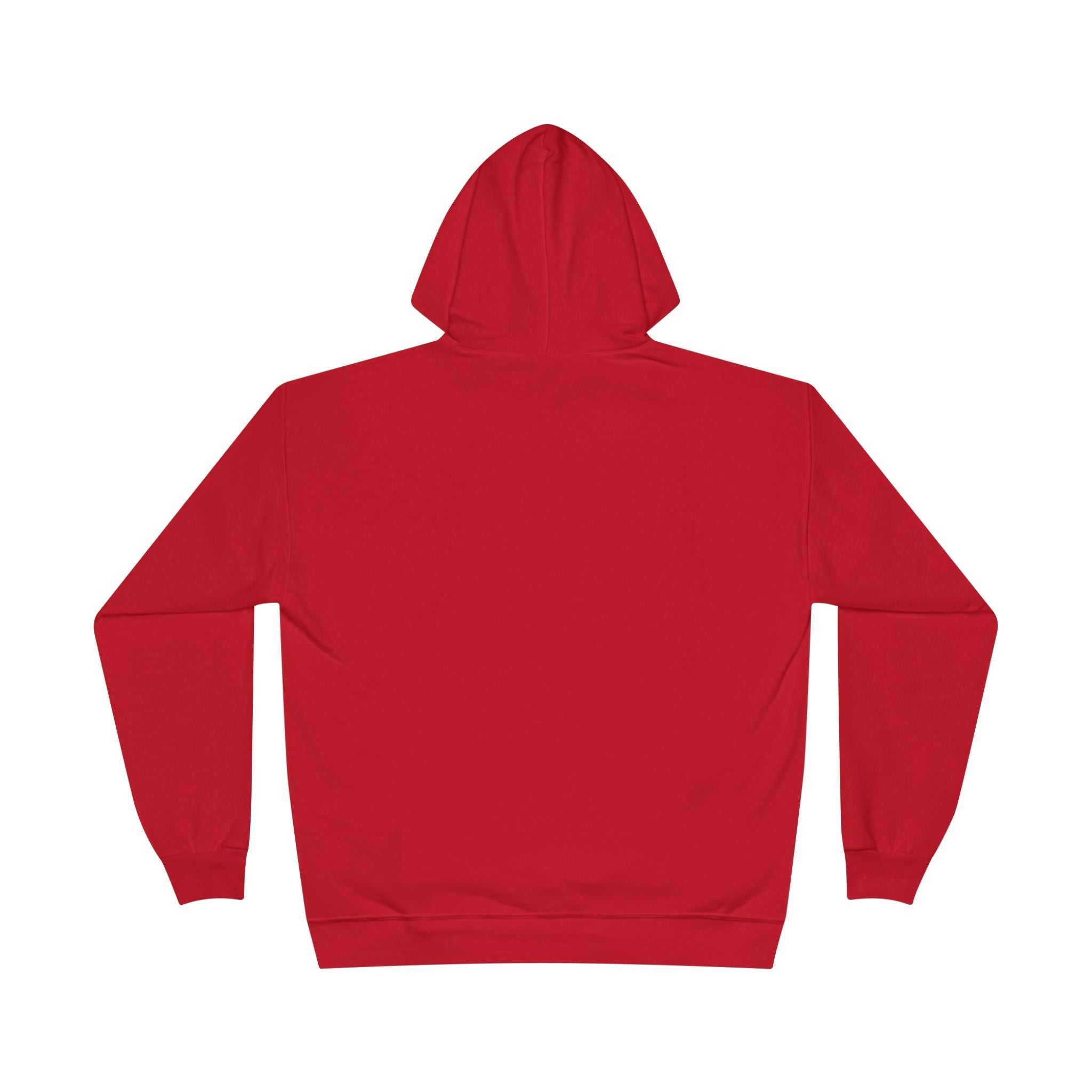 Red fleece-lined pullover hoodie, back view with hood and long sleeves