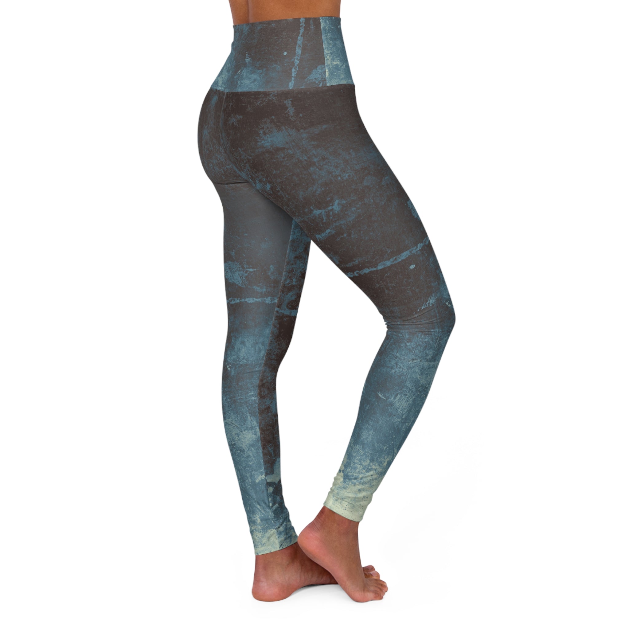 High-waisted yoga leggings in blue-green tie-dye allover print, front view
