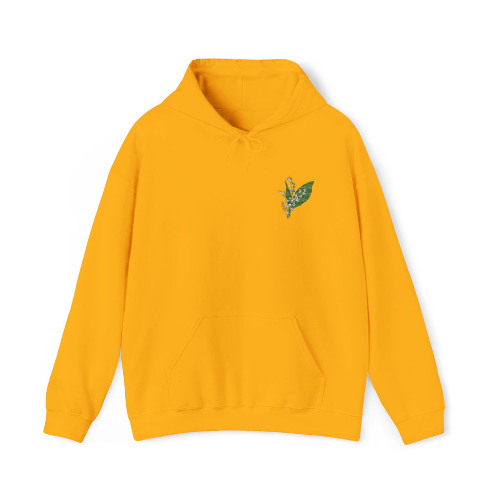 Gold hoodie with green leaf embroidery on left chest, front kangaroo pocket