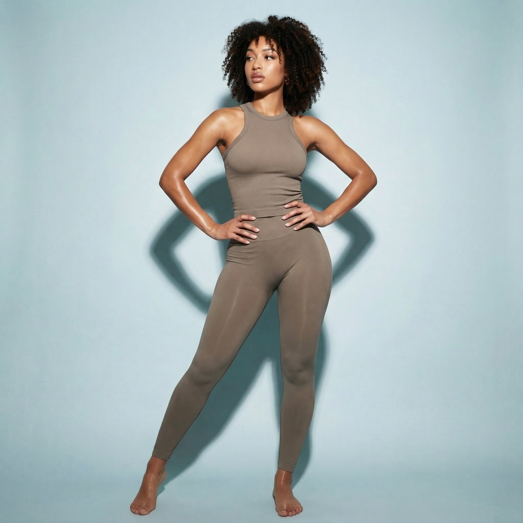 Tan vest tank top and leggings set with fitted seams and ankle-length legs
