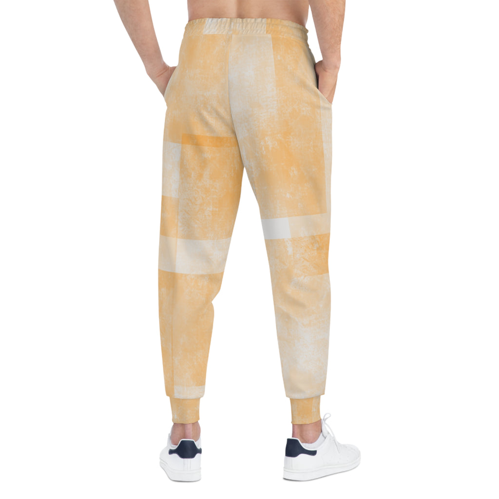 Peach tie-dye joggers with elastic waist, white drawstring, and panel stripe pattern