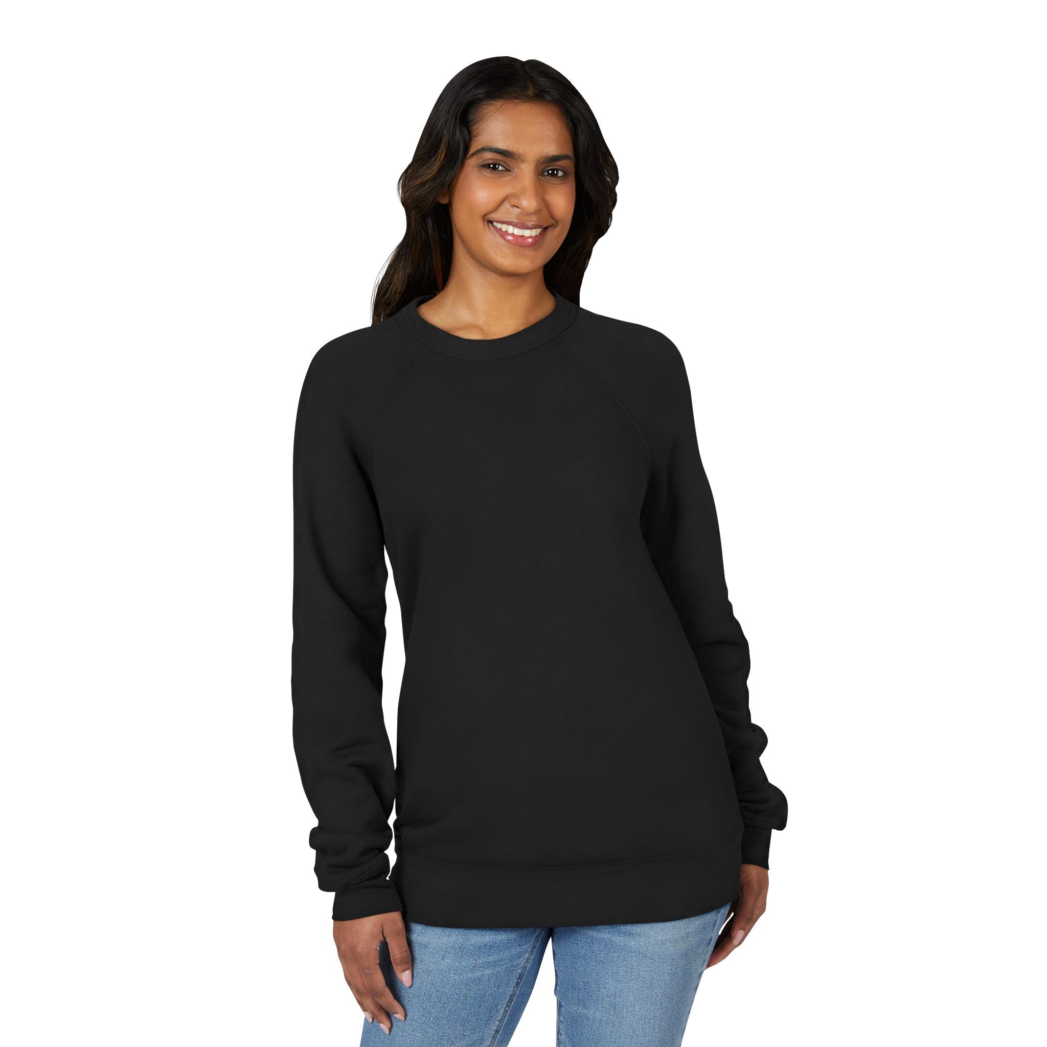 Black crewneck fleece sweatshirt front on model