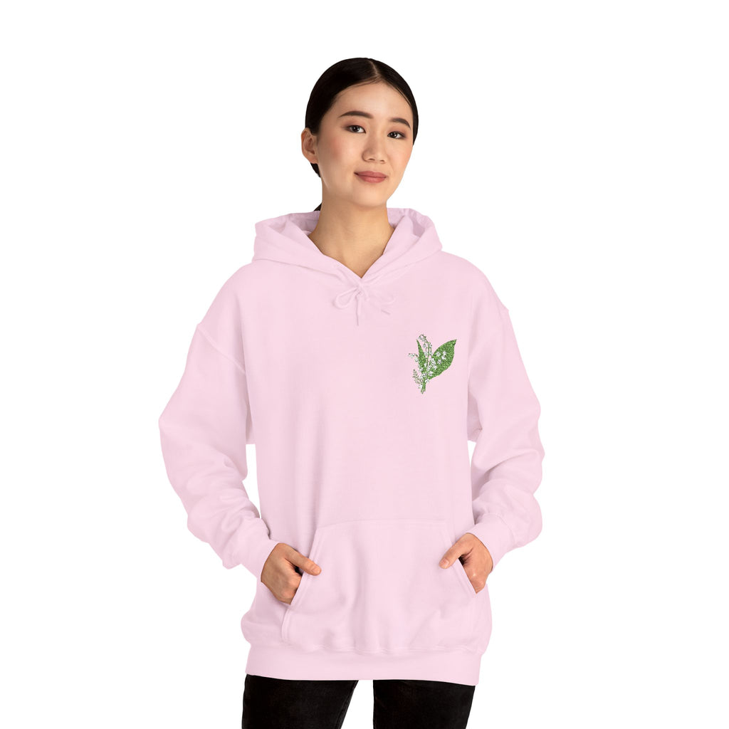 Light pink hoodie with green leaf embroidered chest, drawstring hood and kangaroo pocket