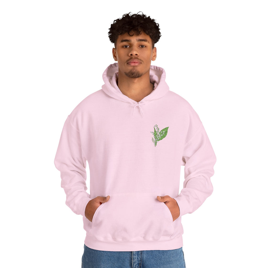Light pink hoodie with green leaf embroidery on chest, pullover hood and front pouch