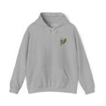 Light gray pullover hoodie with hood drawstrings and small green leaf embroidery on chest