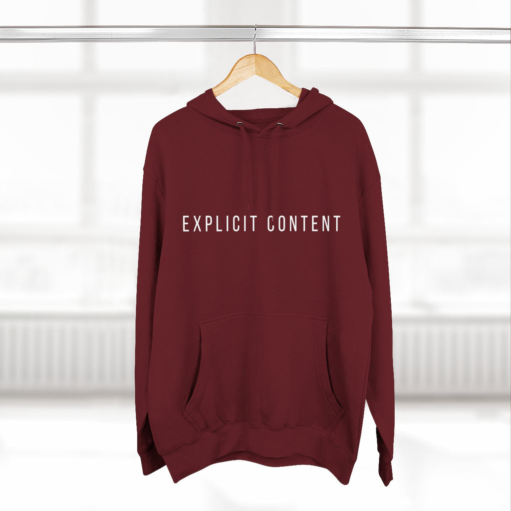 Burgundy pullover hoodie with kangaroo pocket and 'EXPLICIT CONTENT' print
