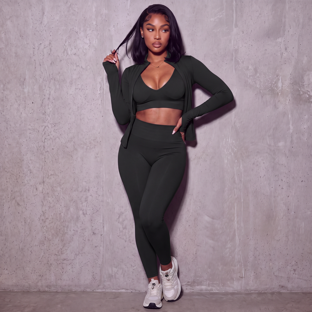 Black sport bra, leggings, and matching zip jacket set