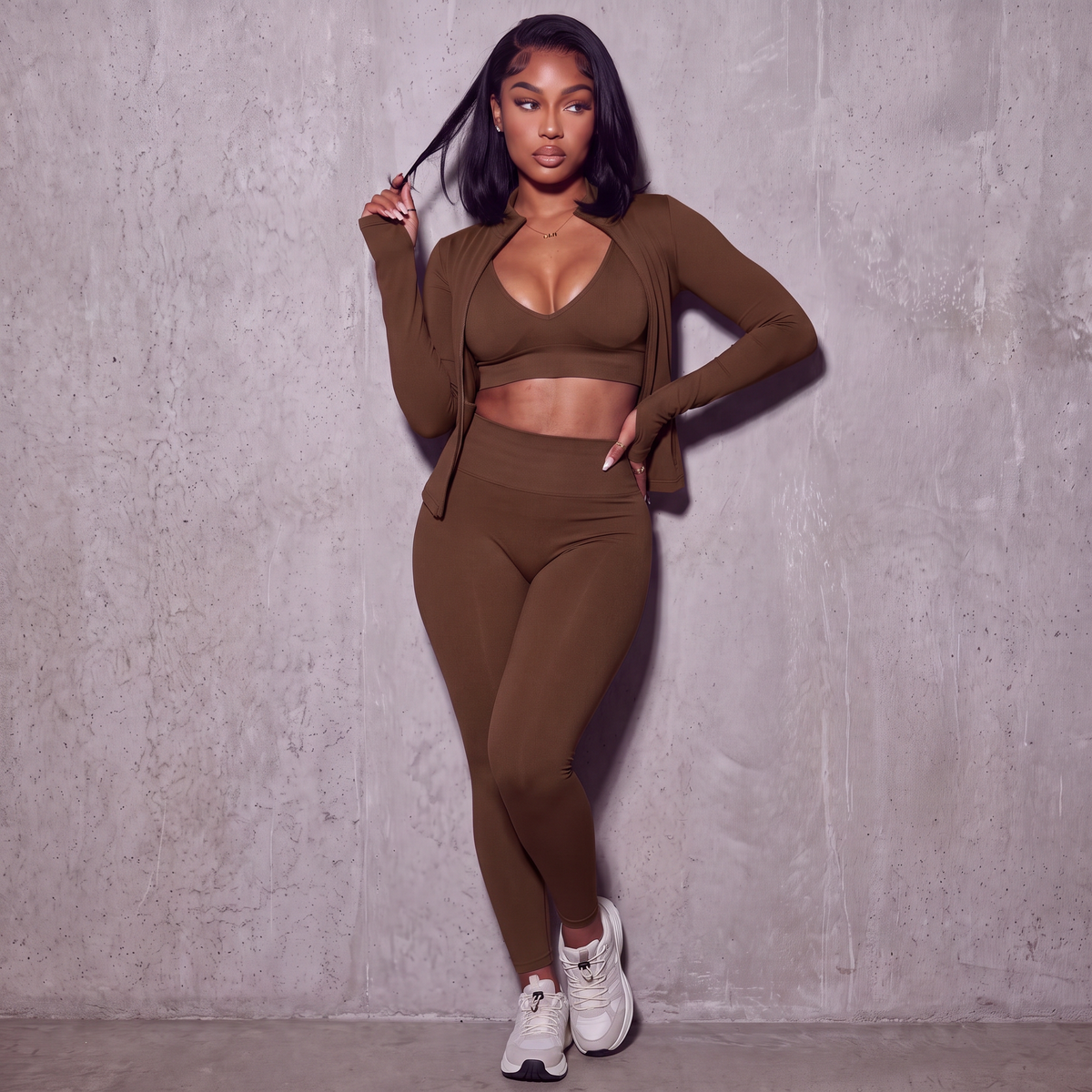 Brown sport bra, leggings, and matching zip jacket set