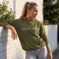 Army green fleece pullover hoodie with drawstring hood and kangaroo pocket, “EXPLICIT CONTENT” print