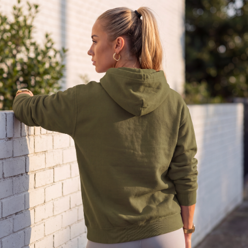 Army Green Hoodie, Rückansicht mit Kapuze und Kordeln, „EXPLICIT CONTENT“