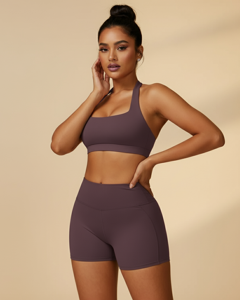 Woman wearing a matching sports bra and shorts set on a beige background