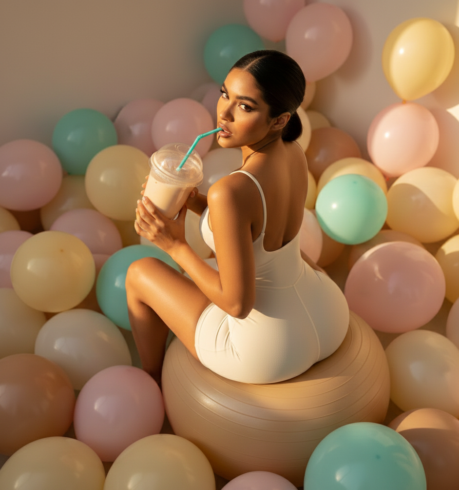 Woman sitting among colorful balloons holding a drink with a straw.