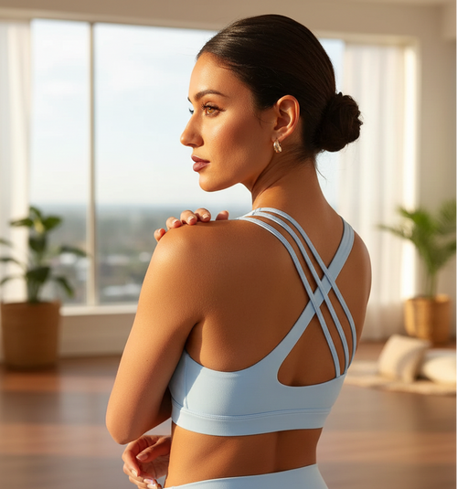Light blue sports bra with crisscross back straps and wide scoop neckline
