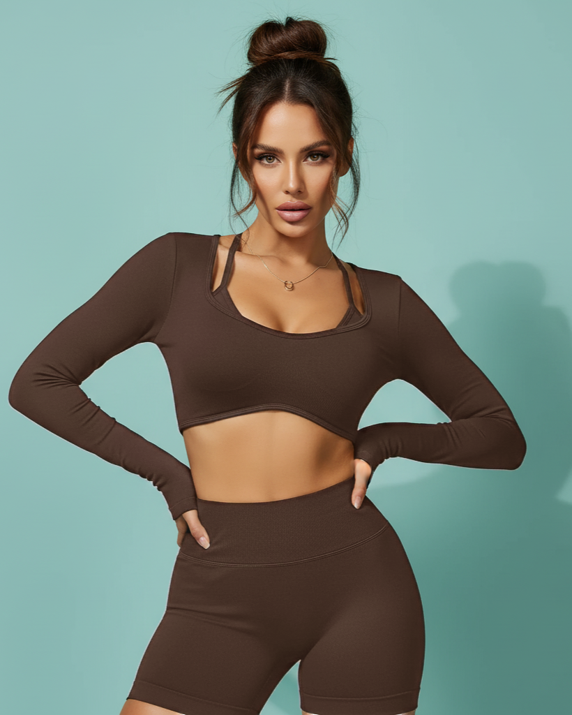 Conversation Starter | Bra, Long Sleeve Crop Top + Shorts 3-Piece Set