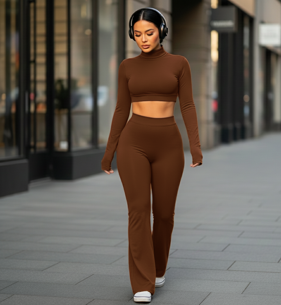 Yes, Hunny | Long Sleeve Backless Turtle Neck + High Waisted Flare Leggings Matching Set