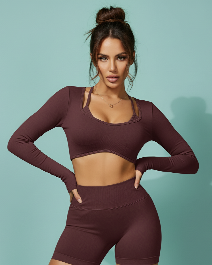 Conversation Starter | Bra, Long Sleeve Crop Top + Shorts 3-Piece Set