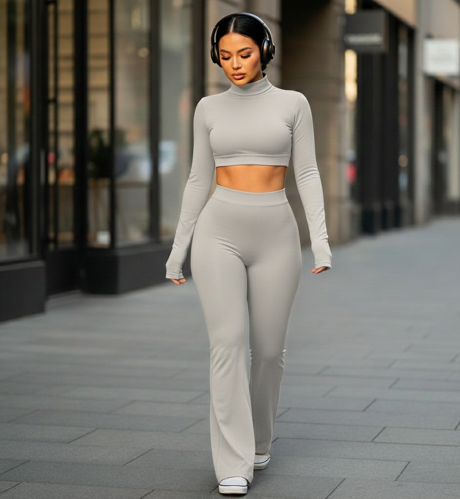 Yes, Hunny | Long Sleeve Backless Turtle Neck + High Waisted Flare Leggings Matching Set