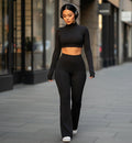 Schulterfreies Langarm-Turtleneck-Set mit Glattem Bund, Set mit Schlaghose, Schwarz