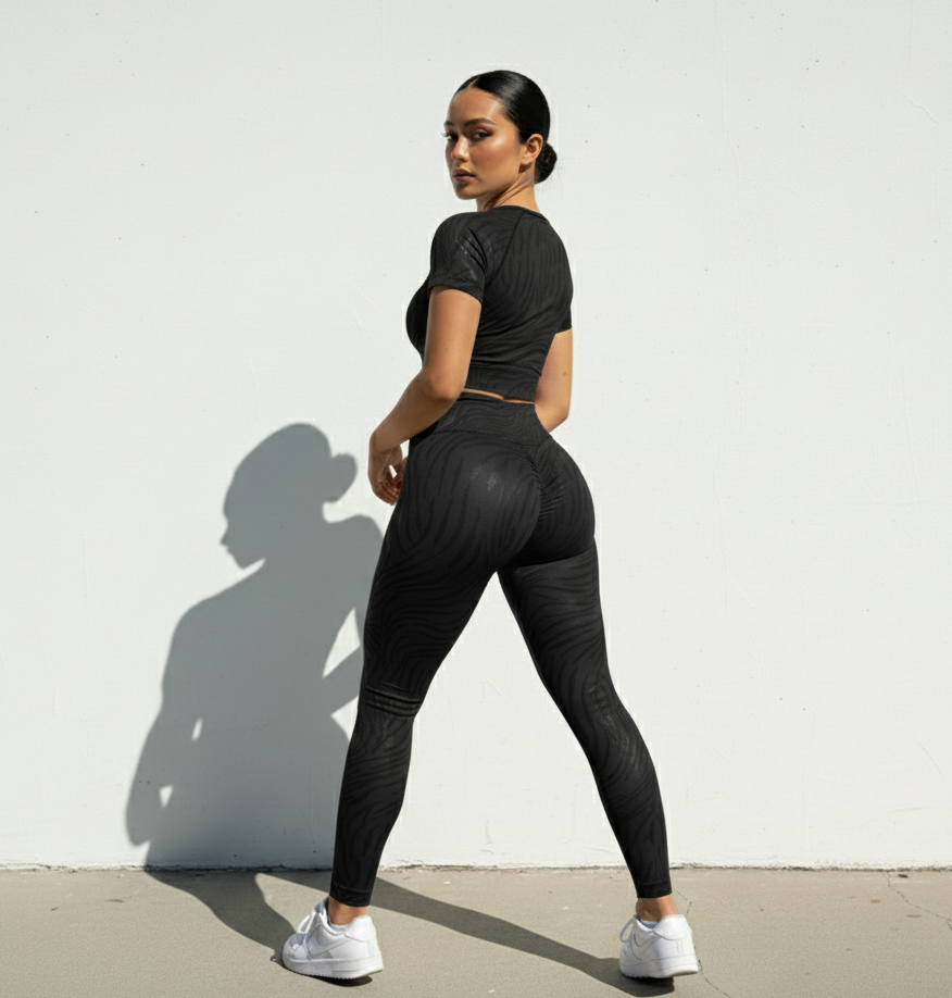 Person wearing a black athletic outfit standing against a white wall.