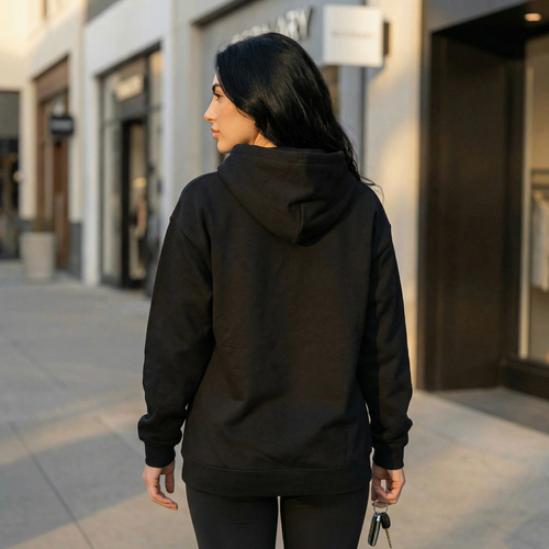 Fleece-lined pullover hoodie in black, back view with hood and drawstring