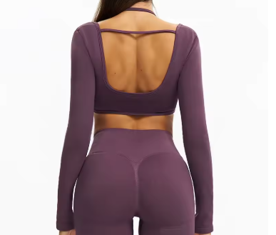Plum Purple long-sleeve crop bra and shorts set, back view