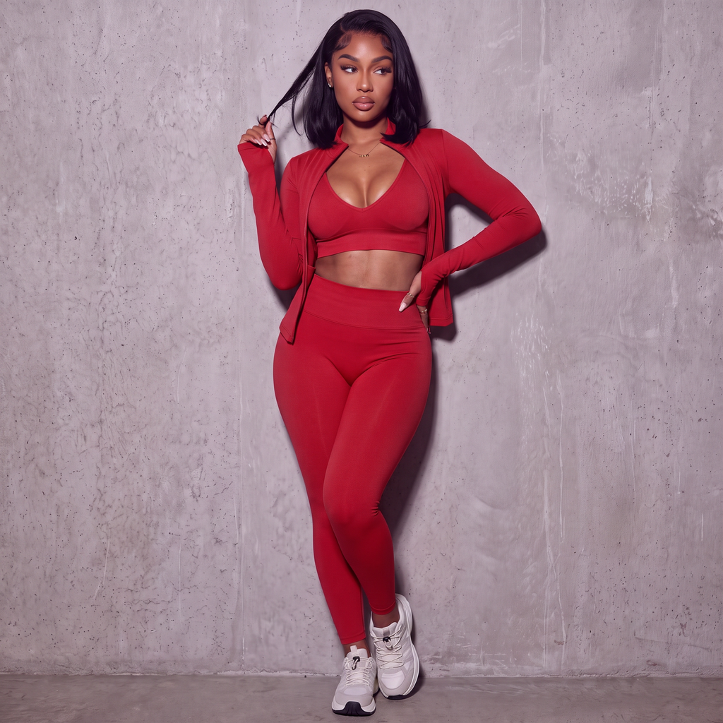 Red sport bra, leggings, and matching zip jacket set
