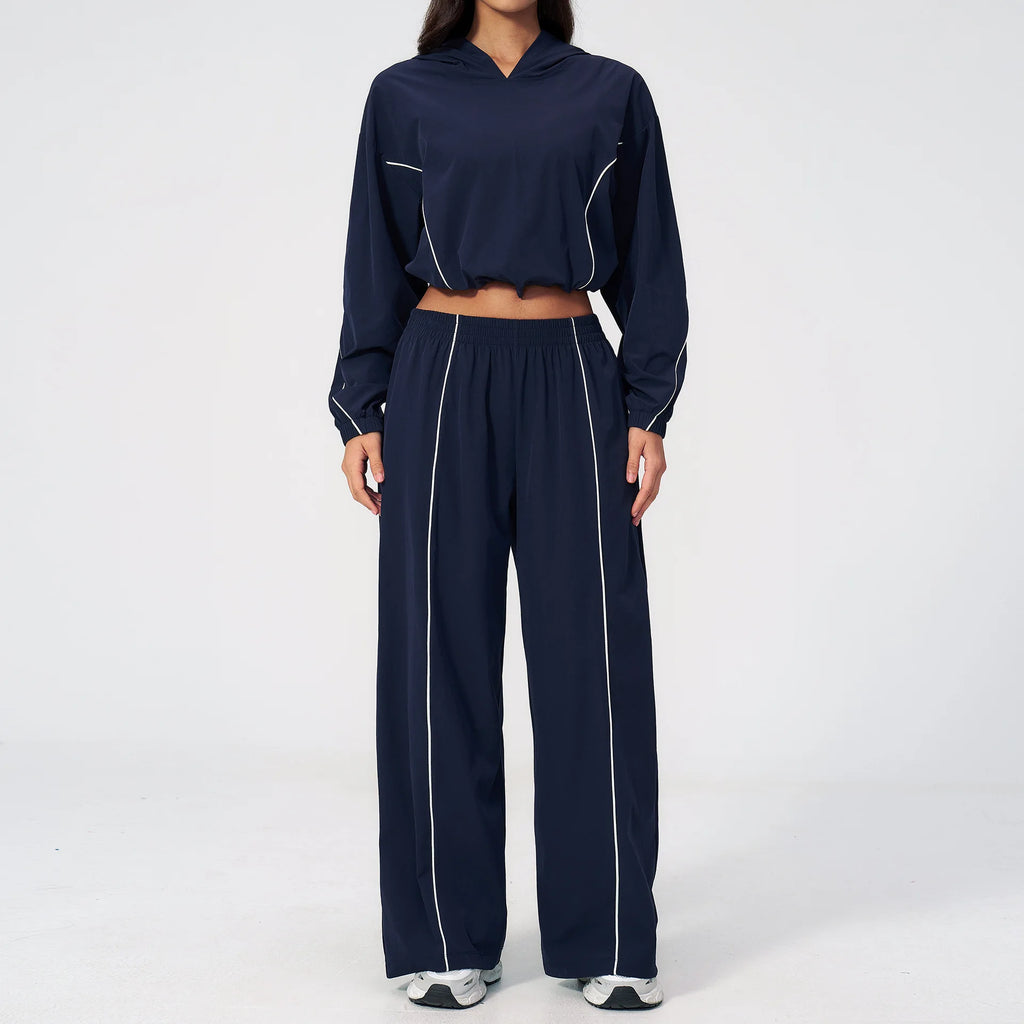 Navy hooded sports set, long-sleeve cropped top and wide-leg sweatpants