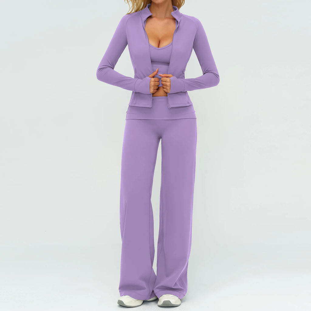 Lavendel 3-delige set: vest met zakken, strap tank en flare broek