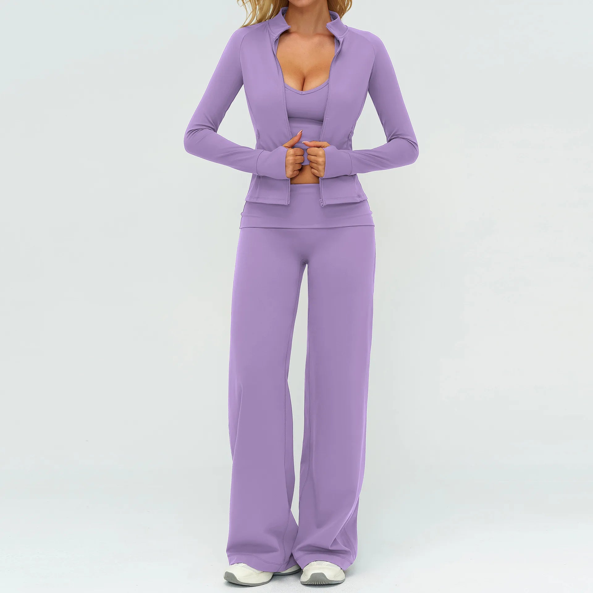 Lavendel 3-delige set: vest met zakken, strap tank en flare broek