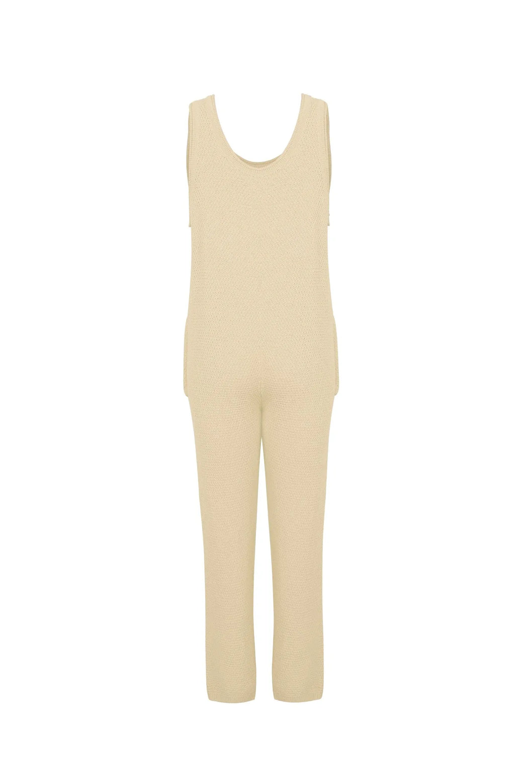 Ivory knit sleeveless romper with wide straight legs and front panel