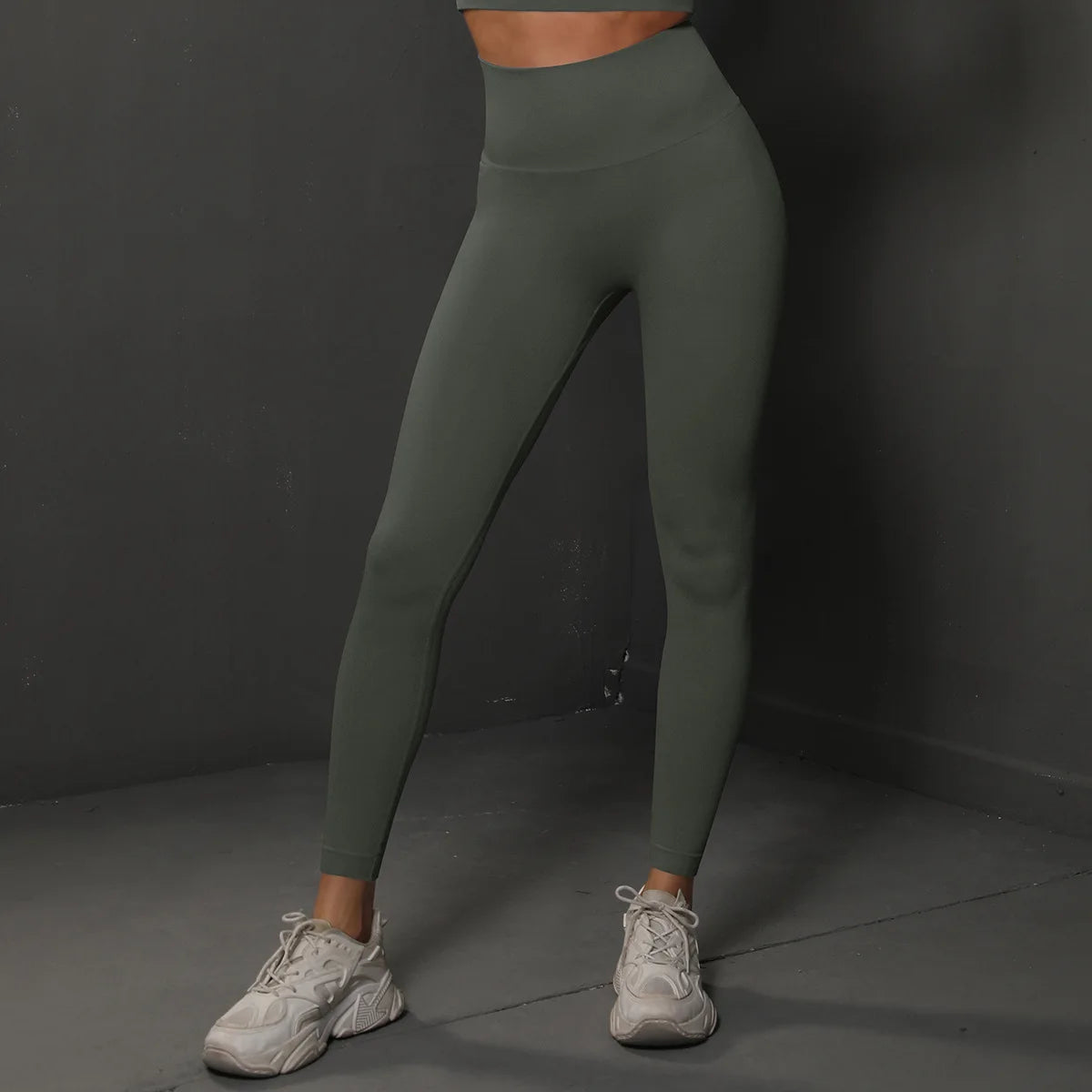 High-waist yoga leggings, muted gray-green, full-length with fitted legs