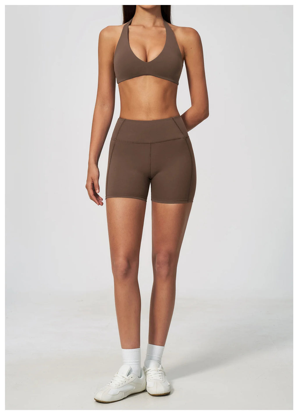 Dark brown halter neck yoga sports bra, V plunge front, cropped workout top
