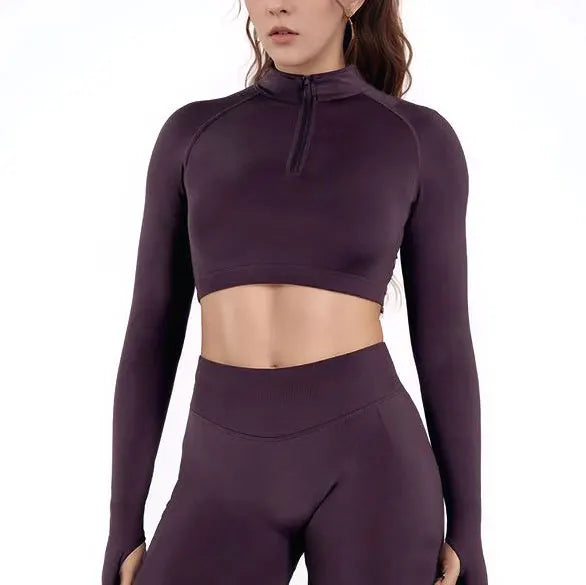 Zip Never Trip | Long Sleeve Crop Top Zipper Collar w/ Thumb Hole Sleeves Active Top