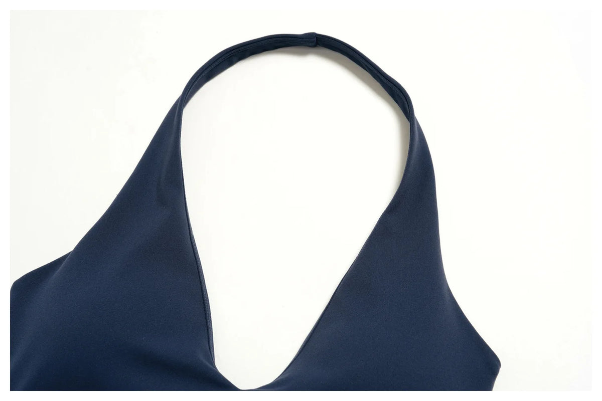 Navy halter sports bra top with deep scoop back and smooth wide band