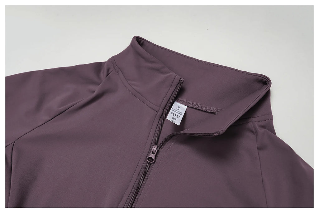 Plum jacket with front zipper and high collar