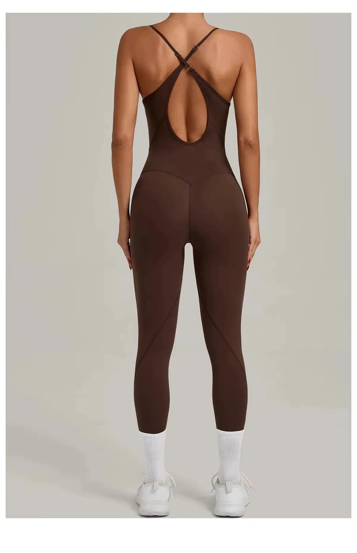 Women’s sleeveless yoga jumpsuit, open back with crisscross straps, brown, full-length